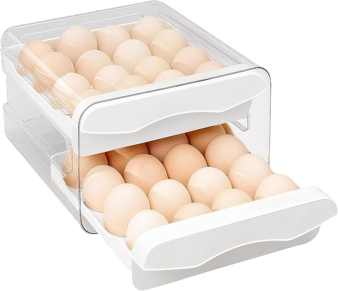 Refrigerator egg rack, egg container, egg storage box, double-layer transparent surface stackable, concave and convex handle kitchen storage organizer, bracket tray, refrigerator organizer (White)