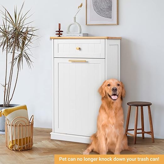 VINGLI Tilt Out Trash Cabinet, Garbage Can Cabinet with Drawer, 10 Gallon Movable/Freestanding Pet Proof Storage Organizer, Modern Trash Can Kitchen Cabinet, Living Room Storage, White