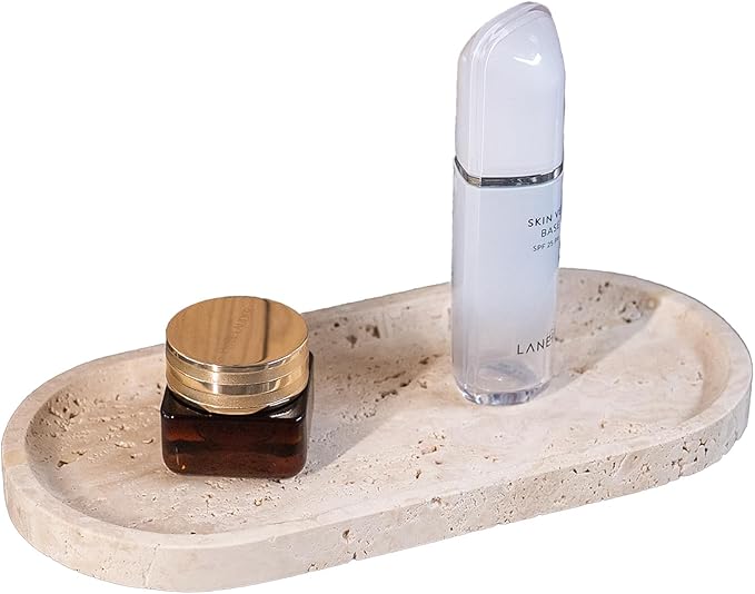 Beige Travertine Vanity Tray | Natural Stone Bathroom Organizer | Perfume & Jewelry Storage for Spa, Bedroom, Kitchen | Non-Slip Waterproof Design,11.8"x7.8"x0.6"