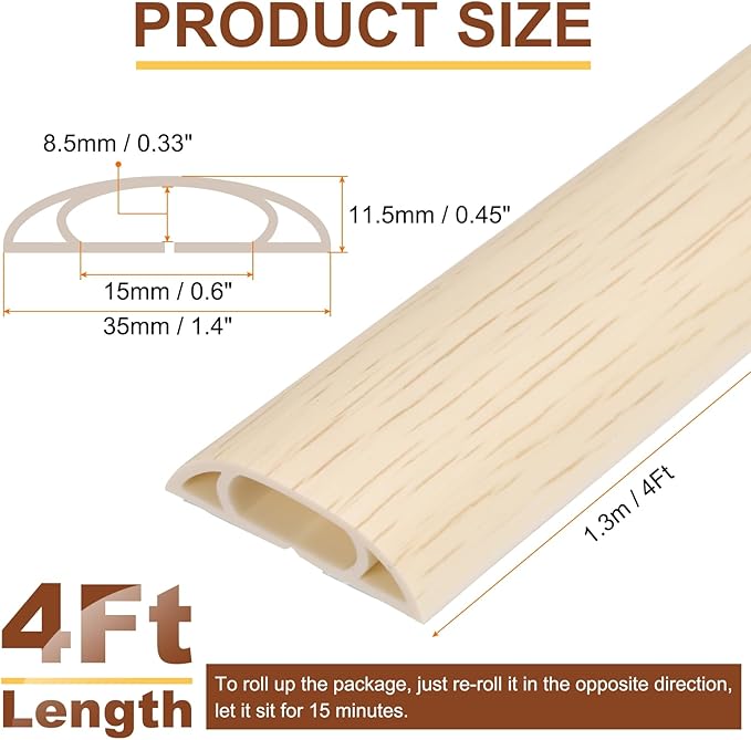 HARFINGTON 4ft Cord Cover Floor W0.6 x H0.33 Inner Channel PVC Hide Extension Cable Floor Wire Hider Wire Covers Protector for Prevent Cable Trips Cables Management, Wood Beige