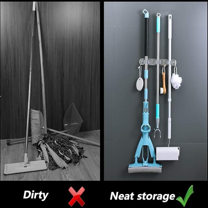 DGSL 2 PCS Broom Holder Wall Mount with 3 Racks 4 Hooks, Stainless Steel Wall Mounted Organizer Mop and Broom Storage Tool Rack for Home Kitchen Garden