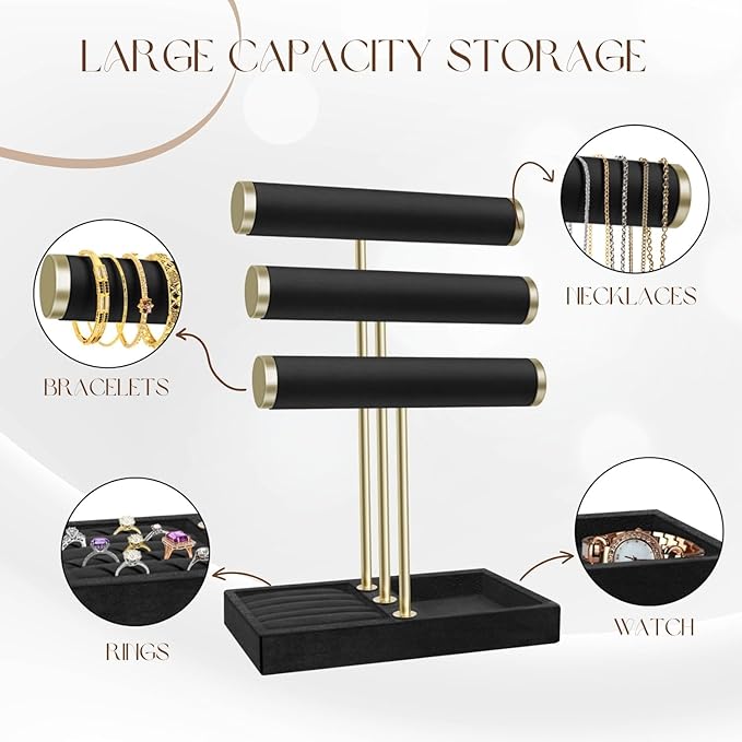 Flexzion 3 Tier Bracelet Holder Display Stand - Black Velvet Bracelet Holder Organizer with Detachable T Bar - Jewelry Display Stand for Bracelets, Bangles, Necklace, Watches, Rings