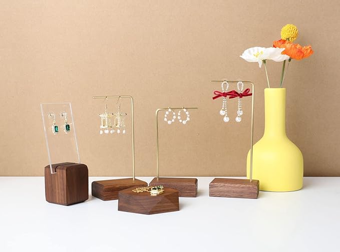 GemeShou 3pcs walnut wooden dangle earring stand holder, hoop earring displays for selling jewelry, mini brass hanger【Walnut Stand set-3pcs】