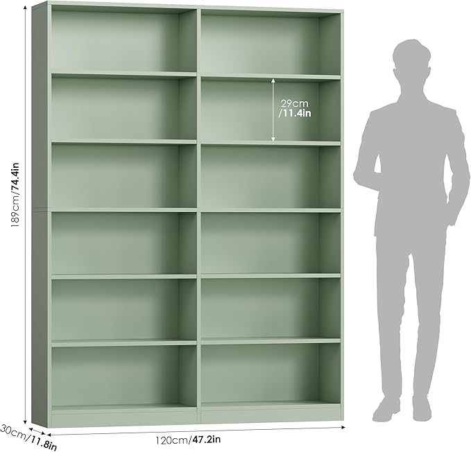 FACBOTALL Bookshelf and Bookcase, 6-Tier Double Wide Bookshelves, Freestanding Display Storage Shelves, Tall Bookcases for Home Decor Bedroom, Living Room, Home Office, Green