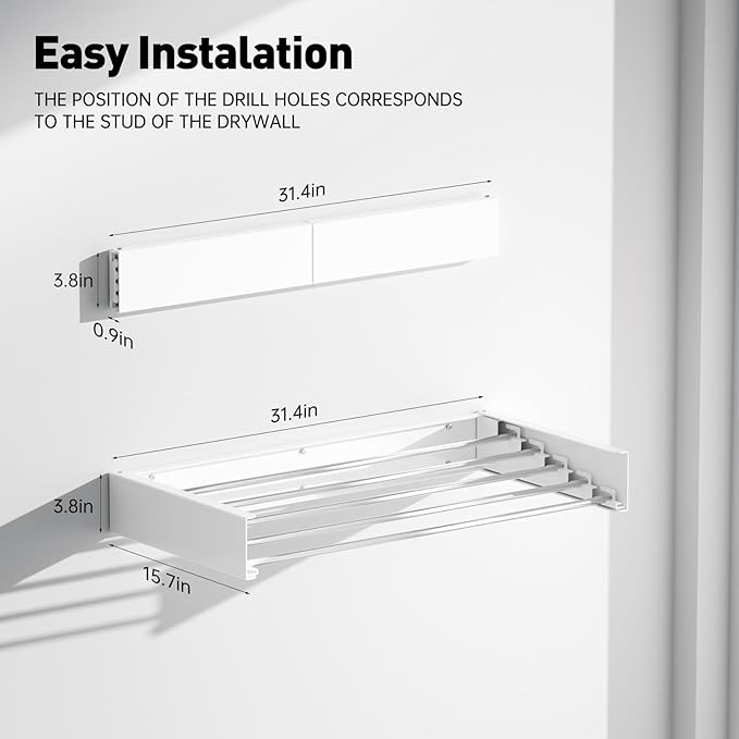 Wall Mounted Clothes Drying Rack, Extending Laundry Rack, Wall Mount Laundry Drying Rack Folding Indoor, 60lbs Capacity (5 Drying Rods, White 31.5")