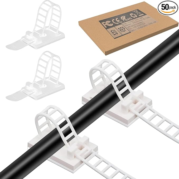 Cable Ties Cable Clips Wire Management Cord Clips Under,Desk Cable Management Reusable Zip Ties Wire Organizer Under Desk 50 Packs (White)