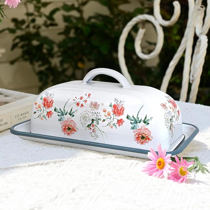 Enameled Farmhouse Vintage Butter Dish with Lid, 7.5 Inch Durable Kitchen Food Storage Container Rust-Resistant Refrigerator Safe,Vintage Decorative Design Kitchenware for Countertop