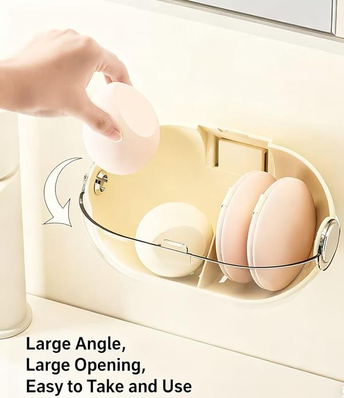 Makeup Sponge Storage Case Wall-Mounted No-Drill Makeup Sponge Holder 2-Tier With Cute Big-Eye Stickers (Cream White,1-Piece Set)