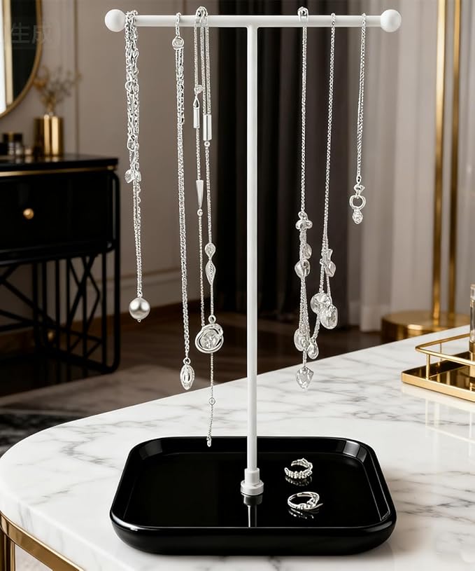 VROOMIUM Necklace Holder- Ceramic Base 1ft Height Jewelry Organizer Stand, Aesthetic Jewelry Hanger Display for Necklaces, Bracelets, Rings, Exhibidor de Collares-Minimalist Black