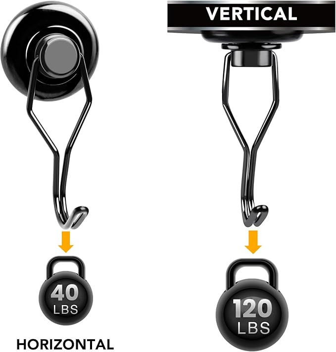 MIKEDE Strong Magnetic Hooks, 120LB Swivel Magnetic Hooks Cruise, Black Neodymium Magnet Hooks Heavy Duty for Hanging, Grill, Cruise Cabins, Refrigerator, Grill, Kitchen, Locker - Pack of 12