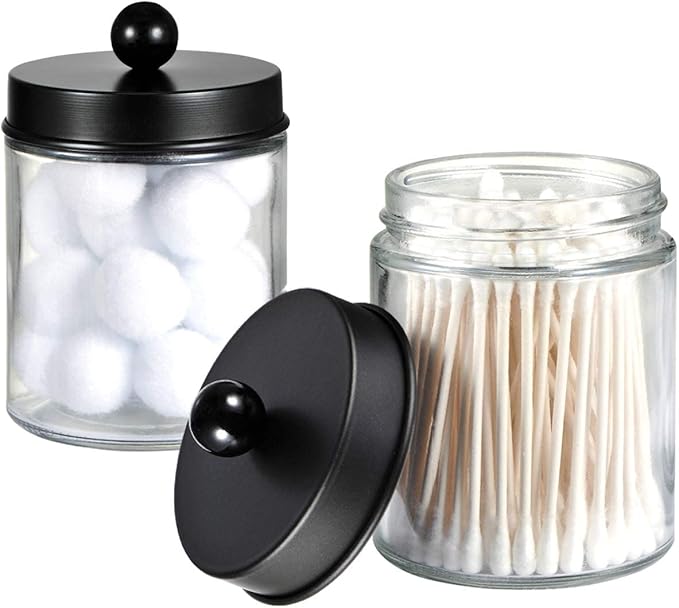 Amolliar 6Pc Apothecary Jars Bathroom Vanity Organizer- Rustic Farmhouse Decor Storage Canister with Stainless Steel Lids- Qtip Dispenser Holder for Q-Tips,Cotton Swabs,Rounds,Ball,Flossers (Black)