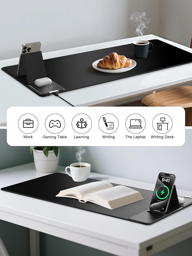Mouse Pad, Office Desk Mat, Large Gaming Mousepad with Superior Micro-Weave Cloth, XXL Desk Pad with Stitched Edges, Non-Slip Writing Pad for Gamer, Laptop, Work & Home (Black Charging On The Right)
