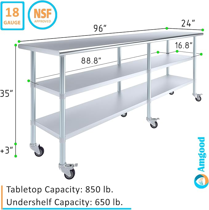 AmGood Stainless Steel Work Table with 2 Shelves and Casters | Metal Utility Table On Wheels (Stainless Steel, 96" Long x 24" Deep)