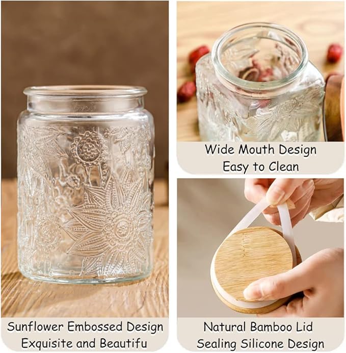 ANSQU Set of 2 Vintage Glass Storage Jars, Glass Food Storage Containers(25.3oz/23.7oz), Candy Jars with Lids for Kitchen Coffee, Tea, Cookie, Sugar, Bath Salts, Cute Jar