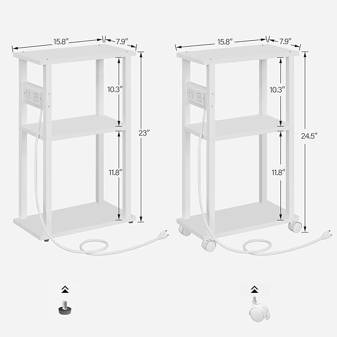 TUTOTAK Small Narrow Side Table with Charging Station, Set of 2 Skinny End Table for Small Spaces, Slim Nightstand with USB Ports and Outlet,Sofa Beside Table with Wheels, White TB01BW047