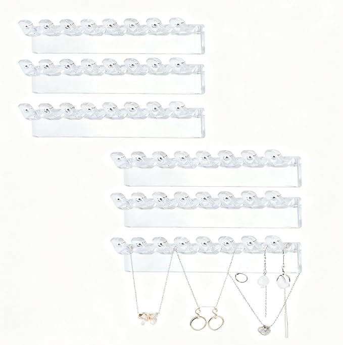6 Pack Acrylic Necklace Hanger Wall Mounted Necklace Organizer Hanging Jewelry Organizer with 48Hooks for Necklaces, Earrings and Bracelets