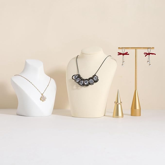 GemeShou Beige necklace hanger jewelry organizer, Velvet jewelry stand necklace holder, jewelry mannequin bust for necklaces, Jewelry boutique store photography props【Beige-Medium height 7.87 inch】