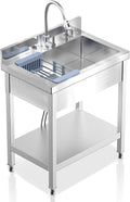 Stainless Steel Utility Sink, 29"Freestanding Sink with Retractable Cold and Hot Water Faucet,Hoses and Drain Kit for Kitchens, Bathrooms, Garage, Laundry Room