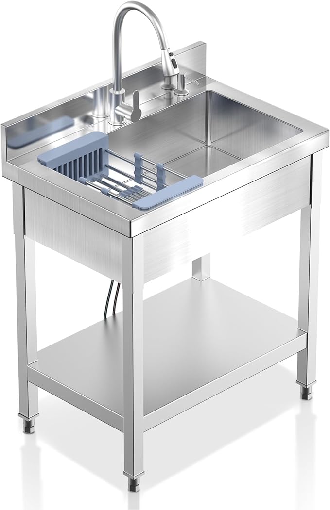Stainless Steel Utility Sink, 29"Freestanding Sink with Retractable Cold and Hot Water Faucet,Hoses and Drain Kit for Kitchens, Bathrooms, Garage, Laundry Room