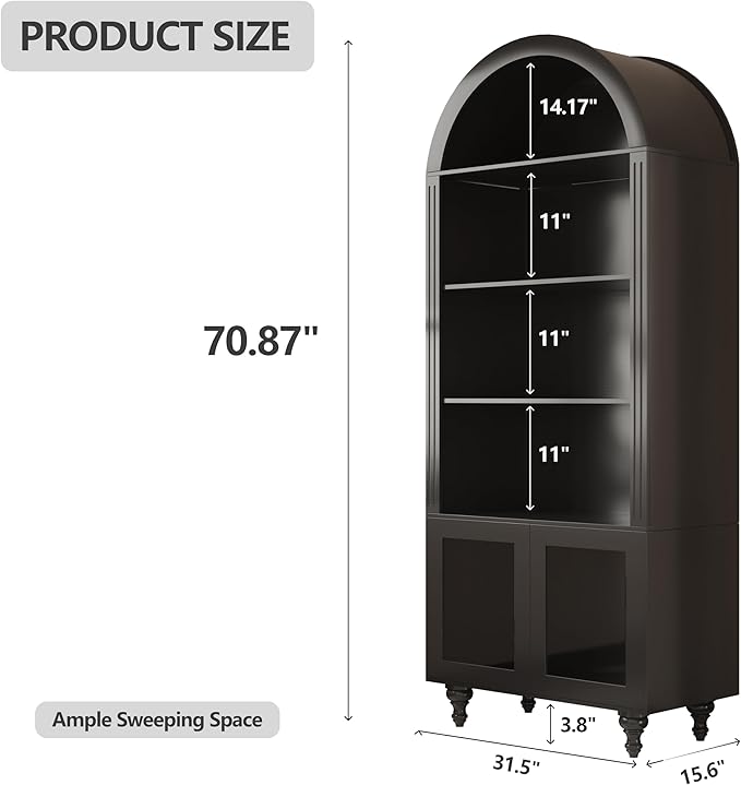 Wooden Arched Display Storage Cabinet with Glass Door, LED Lights,Showcase for Collections, Perfume, Vinyl Albums, Bookcase for Home Office, Living Room, Clinic, Pantry (Black-Arched top)