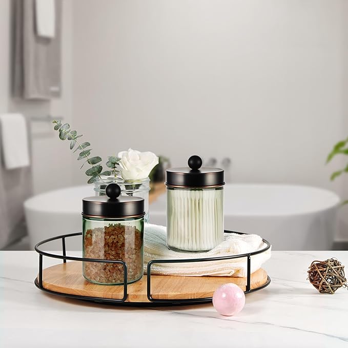 Amolliar Sage Green Apothecary Glass Jar With Metal Lid & Stickers, Bathroom Qtip Holder Storage Canister, Farmhouse Decor for Cotton Balls, Cotton Swabs, Makeup Pads, Bath Salt, Floss, ORB 2 Pack