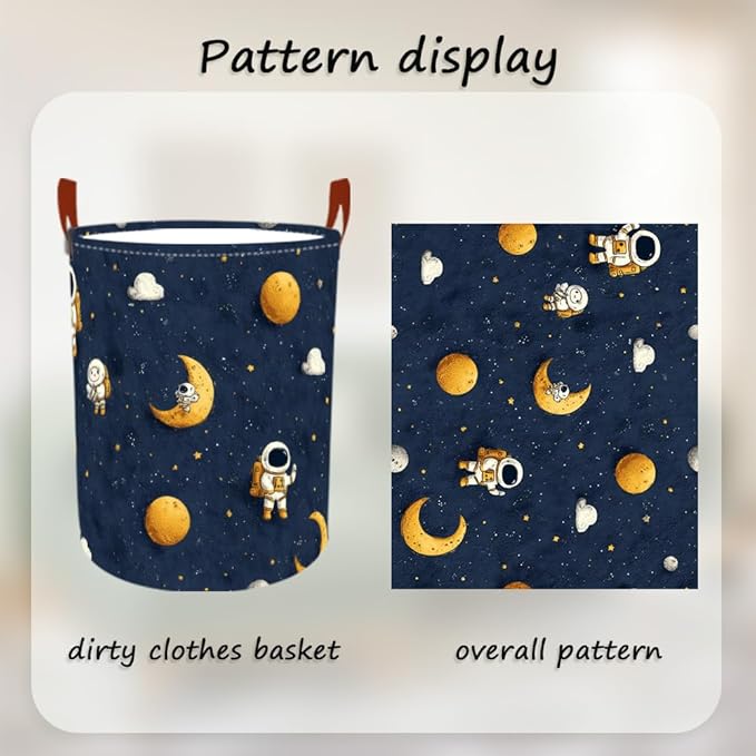 Laundry Baskets 15.7x19.7 Inch Large Astronaut Moon Star Space Design Collapsible Laundry Hamper with Handles Oxford Fabric Clothes Storage Bin Foldable Dirty Clothes for Bedroom Bathroom Dorm