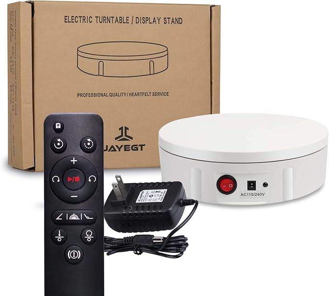 JAYEGT Motorized Rotating Display Stand, 220 Lbs Load, 360 Degree Electric Rotating Turntable for Photography Products Display， Show,Remote Control Angle, Speed (White/ 11.8inch /Rechargeable/Adapter)