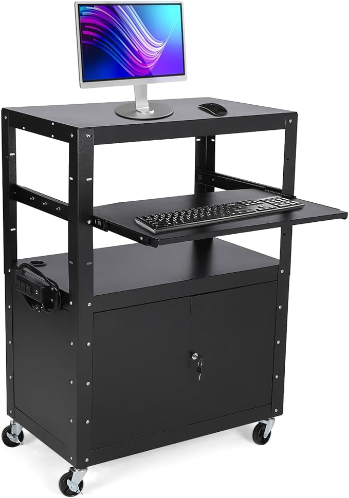 Mobile AV Cart with Locking Storage Cabinet, Adjustable Laptop Stand & Drop Leaves, Rolling Workstation with Power Outlets for Classroom, Office, or Home Use