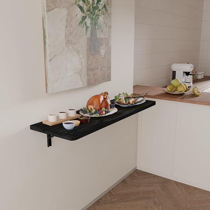 IAE Wall Mounted Folding Table with Pine Wood,48" x 16" Floating Wall Desk,Laundry Folding Table with Shelf Brackets,Fold Down Desk Shelf,Folding Workbench for Home,Dining,Laundry Room,Kitchen