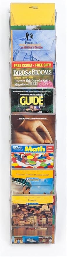 Displays2go Hanging Literature Rack with 8 Tiered Pockets for 8.5x11 Magazines, Wall Mounting Bracket Included - Clear Plastic