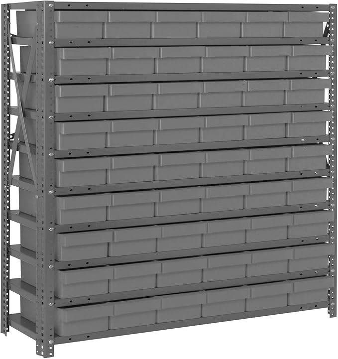 Quantum 1239-401GY Heavy Duty Shelving Unit with (7) Shelves and (36) Gray Bins (QED601) for Garage Warehouse Storage Distribution | 400 lbs Load Capacity | 12"D x 36"L x 39"H, Galvanized Carbon Steel