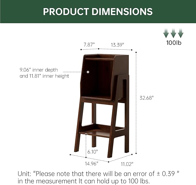100% Solid Oak Ladder Shelf with Cabinet, 32.67" Tall Nightstand with Stable Frame for Bedroom, Small Bookcase for Living Room Nursery(Walnut, Fully Assembly Furniture)