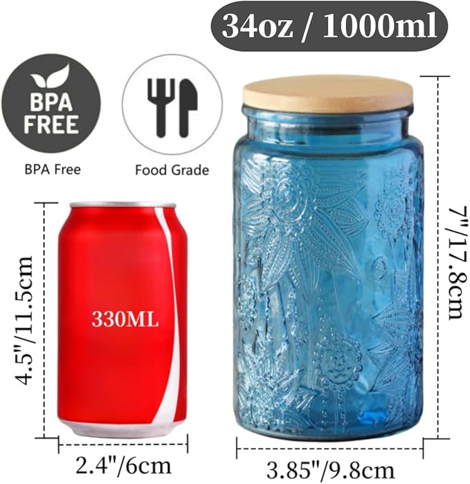 ANSQU 34oz Blue Glass Container, Candy Jar with Lid, Vintage Colored Mason Jars for Kitchen Decorative Jar for Coffee Tea Candy Cookies, Cute Jar (Blue, 1 Pack)