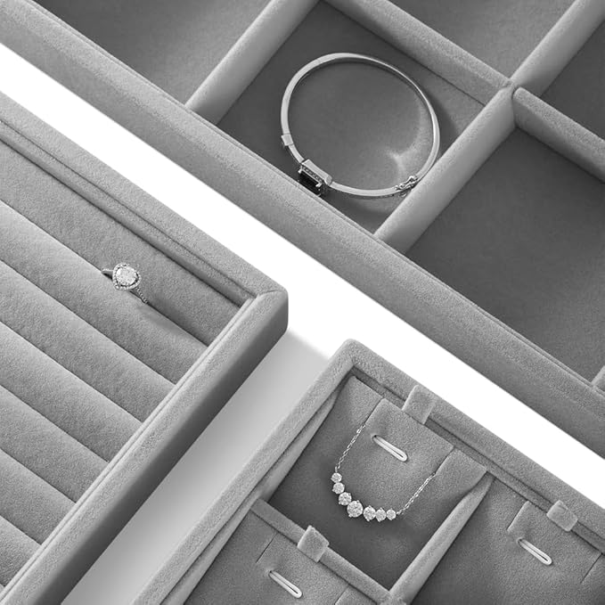 Velvet Stackable Jewelry Display Tray, 24 Grid Earring Ring Storage Tray, Drawer Divider Jewelry Accessories Organizer Plate (Gray)