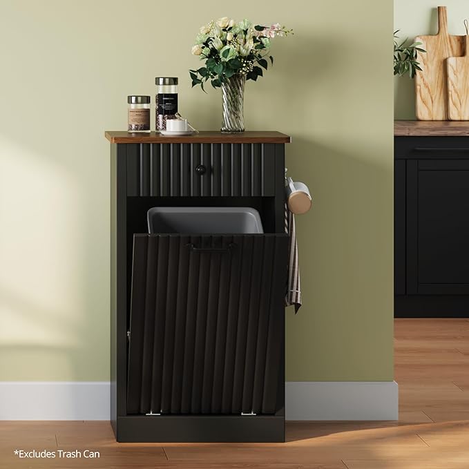 Tilt Out Trash Can Cabinet, 10 Gallon Fluted Laundry Hamper Cabinet with Drawers, Freestanding Wooden Hidden Garbage Can Cabinets for Kitchen, Living Room, Without Trash Bin or Laundry Hamper, Black