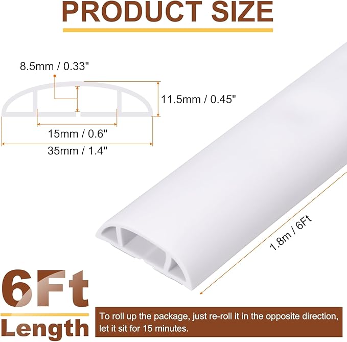 HARFINGTON 6ft Cord Cover Floor W0.6 x H0.33 Inner Channel PVC Hide Extension Cable Floor Wire Hider Wire Covers Protector for Prevent Cable Trips Cables Management, White