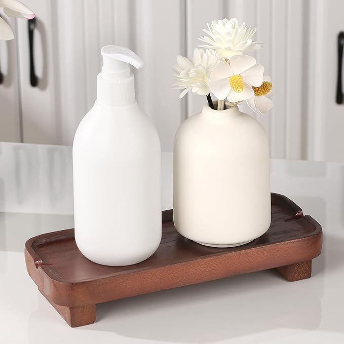 Wood Riser Small Decorative Tray Sink Soap Dish, Vanity Tray Pedestal Stand 8.7 x 3.6 inches (Dark Brown)