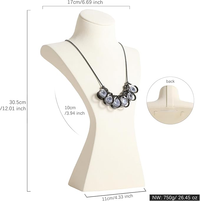 GemeShou Beige necklace storage hanger stand jewelry organizer, Velvet jewelry stand necklace holder, jewelry mannequin bust for necklaces, jewelry bust display stands【Beige-Large height 12 inch】