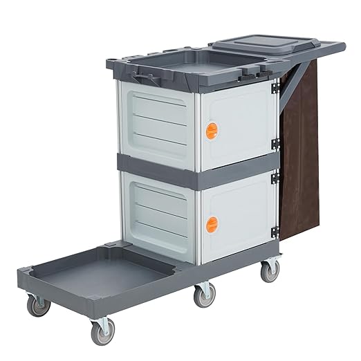 Janitorial Cart with 2 Cabinet, Commercial Traditional Janitorial 3-Shelf Cleaning Cart On Wheels with Cover and Vinyl Bag, Hotel Housekeeping Room Service Utility Cart, Grey