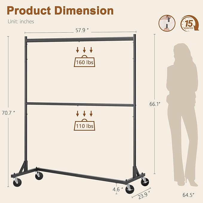 Hoctieon Double Rod Z Rack, Rolling Clothes Racks with Z-Base, Adjustable Clothing Rack, Standing Clothes Rack, Metal Clothing Racks for Hanging Clothes, Portable Garment Rack, Black