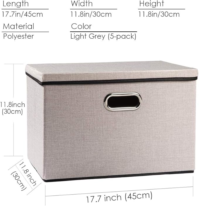 PRANDOM Large Foldable Storage Bins with Lids [5-Pack] linenFabric Decorative Storage Boxes Organizer Containers Baskets Cube with Handles Divider for Bedroom Closet Office Light Grey(17.7x11.8x11.8)