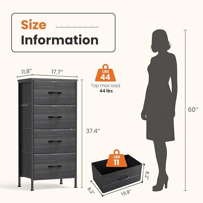 Sweetcrispy Nightstand Small Bedroom Dresser with 4 Fabric Drawers,Bed Side Furniture End Table,Wooden Top Cabinet Night Stand Dresser for Closet,Entryway,Dorm,Black Wood Grain