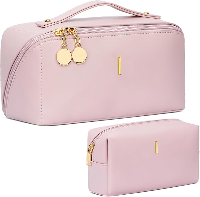 Birthday Gifts for Women Teen Girl, Personalized Initial Makeup Organizer Bag Set, Open Flat Travel Cosmetic Bag With Clear Divider and Handle(Pink,I)