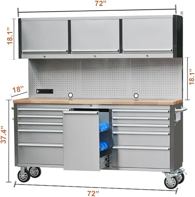 72 inch 11 Drawers Tool Chest with 3 Up Cabinet & Pegboard in Stainless Steel, Large Lockable Mobile Workbench with 6 Blue Storage Bins, Tool Box for Garage, Workshop (1 × HTC7214W1+ 1 × HTC7218W1)