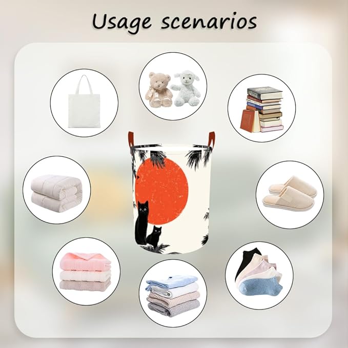 Laundry Baskets 15.7x19.7 Inch Large Black Cat Red Sun Jungle Design Collapsible Laundry Hamper with Handles Oxford Fabric Clothes Storage Bin Foldable Dirty Clothes for Bedroom Bathroom Dorm