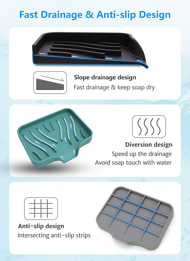 3-Pack Silicone Soap Dish Set – Bar Soap Holder with Self-Draining Design, Easy-Clean Tray for Shower, Bathroom, Kitchen, and Tub