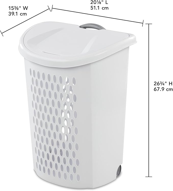 White Rolling Laundry Hamper with Wheels, 2-Bushel Large Capacity Ventilated Plastic Hamper with Lid & Retractable Handle, Portable Laundry Basket for Dorms, Apartments and Bedrooms