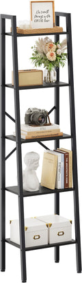 Hoctieon 5-Tier Industrial Ladder Bookshelf, Narrow Ladder Shelf, Tall Standing Bookshelf, Skinny Open Ladder Shelf, for Living Room, Home Office, Kitchen, Bedroom, Metal Frame, Black