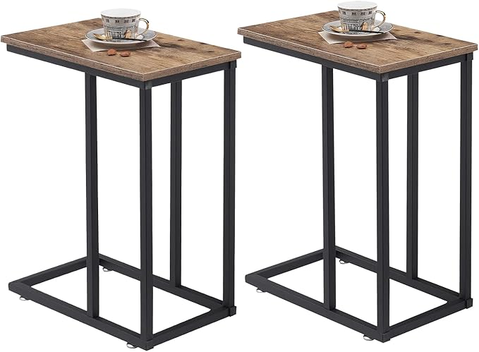 VECELO C Shaped End Side Table for Sofa Couch and Bed Snack TV Tray for Living Room Bedroom, 2 PCS,Grey