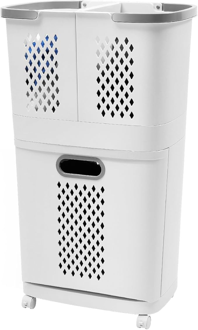 2 Layer Rolling Laundry Hamper Sorter - 4 Wheel Removable Laundry Basket Cart - Portable Multifunctional Storage Organizer - Mobile Laundry Organizer Cart for Bedroom Bathroom Closet